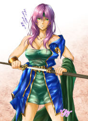 Rule 34 | 1990s (style), 1girl, angry, bad id, bad pixiv id, bare arms, bare legs, bare shoulders, belt, blush, bracer, breasts, cleavage, clenched teeth, coat, collarbone, dress, faris scherwiz, female focus, final fantasy, final fantasy v, green dress, green eyes, hair between eyes, headband, highres, holding, holding sword, holding weapon, large breasts, legs, long hair, looking at viewer, neck, off shoulder, purple hair, retro artstyle, rioreo, scabbard, serious, sheath, short dress, solo, strapless, strapless dress, sweat, sword, teeth, translation request, unsheathing, weapon