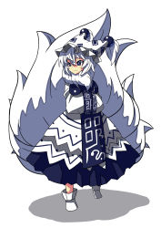 Rule 34 | 1girl, adapted costume, alternate color, alternate costume, alternate hair color, blue eyes, boots, female focus, fox tail, full body, fur trim, hands in opposite sleeves, hat, highres, multiple tails, neki (rushia), simple background, solo, tail, touhou, white hair, yakumo ran