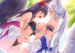 Rule 34 | 2girls, animal ears, back, bare shoulders, bell, bikini, black bikini, blue eyes, blue sky, blush, breast press, breasts, choker, closed mouth, cloud, commentary request, couple, day, dutch angle, erune, eye contact, fang, female focus, flower, fox ears, fox tail, granblue fantasy, hair bell, hair flower, hair ornament, holding hands, highres, interlocked fingers, jingle bell, large breasts, light particles, long hair, looking at another, multiple girls, navy (navy.blue), off shoulder, open mouth, outdoors, red eyes, sideboob, silver hair, sky, smile, societte (granblue fantasy), standing, swimsuit, symmetrical docking, tail, very long hair, wet, wet clothes, white bikini, yuel (granblue fantasy), yuri