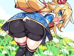 Rule 34 | 1girl, akai haato, akai haato (1st costume), aqua eyes, ass, bent over, bike shorts, blonde hair, from behind, grass, hair ornament, heart, heart hair ornament, hololive, kanikama, long hair, looking back, open mouth, shorts, shorts under skirt, sky, smile, solo, sweat, thighhighs, virtual youtuber