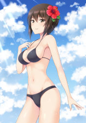 Rule 34 | 1girl, bare shoulders, bikini, black bikini, blue sky, blush, breasts, brown eyes, brown hair, cloud, cloudy sky, collarbone, crotch seam, darknessukaru, flower, girls und panzer, hair flower, hair ornament, hand on own chest, hibiscus, highres, large breasts, light rays, looking at viewer, medium breasts, navel, nishizumi maho, parted lips, short hair, sideboob, sky, smile, solo, standing, swimsuit