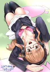 Rule 34 | 10s, 1girl, anglerfish, bra, breasts, cleavage, dated, fish, full body, girls und panzer, glasses, long hair, looking at viewer, ooarai military uniform, open mouth, panties, skirt, skirt flip, solo, takebe saori, thighhighs, tight clothes, ugeppa, underwear