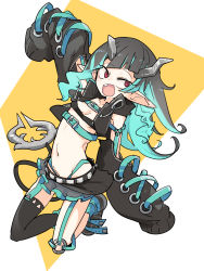 Rule 34 | 1girl, nanashi inc., :d, belt, belt bra, black footwear, black hair, black jacket, black skirt, black thighhighs, blue belt, blue hair, blue panties, blue socks, breasts, chest belt, clothing cutout, commentary request, cropped jacket, cross-laced clothes, cross-laced sleeves, demon girl, demon horns, demon tail, fang, full body, garter straps, grey horns, grey skirt, highleg, highleg panties, highres, horns, jacket, layered skirt, long hair, long sleeves, looking at viewer, midriff, multicolored hair, navel, open clothes, open jacket, open mouth, panties, pointy ears, red eyes, shishio chris, shoes, shoulder cutout, simple background, single thighhigh, skirt, small breasts, smile, sneakers, socks, solo, sugar lyric, tail, thighhighs, tomatojam, two-tone background, two-tone hair, underwear, virtual youtuber, white background, yellow background, zipper