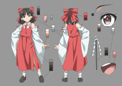 Rule 34 | 1girl, black hair, bow, brown eyes, brown footwear, character sheet, closed mouth, color guide, commentary request, detached sleeves, embodiment of scarlet devil, full body, gohei, grey background, gyouza (mhea5724), hair bow, hair tubes, hakurei reimu, happy, highres, loafers, long sleeves, multiple views, ofuda, open mouth, ponytail, red bow, red skirt, red sleeves, red vest, ribbon-trimmed sleeves, ribbon trim, shoes, sidelocks, simple background, skirt, smile, socks, standing, teeth, touhou, upper teeth only, vest, white sleeves, white socks, wide sleeves