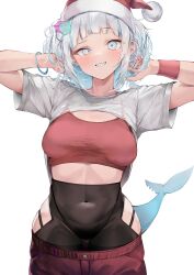 Rule 34 | 1girl, absurdres, alternate breast size, blue eyes, blue hair, breasts, clothes lift, clothes pull, colored inner hair, commentary, covered navel, fins, fish tail, gawr gura, grey hair, grin, hair ornament, hands in hair, hands up, highres, hololive, hololive english, looking at viewer, medium breasts, medium hair, multicolored hair, navel, pants, pants pull, pepq, raised eyebrow, red pants, red sports bra, shark girl, shark hair ornament, shark tail, shirt, shirt lift, short sleeves, sidelocks, smile, solo, sports bra, streaked hair, sweatband, symbol-only commentary, tail, underwear, uneven eyes, virtual youtuber, white shirt, wristband