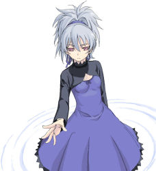 Rule 34 | 00s, 1girl, blue skirt, breasts, brown eyes, cleavage cutout, clothing cutout, darker than black, dress, expressionless, female focus, grey hair, hair ribbon, long sleeves, looking at viewer, outstretched arm, ponytail, purple dress, ribbon, satou atsuki, simple background, skirt, small breasts, solo, standing, white background, yin (darker than black)