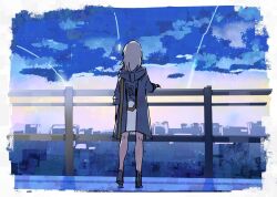 Rule 34 | 1girl, arm at side, bare legs, black footwear, blue jacket, boots, border, chiriejjiyo, cloud, cloudy sky, evening, facing ahead, from behind, full body, grey hair, hand on railing, highres, honkai: star rail, honkai (series), hood, hood down, hooded jacket, jacket, legs apart, long hair, night, night sky, on railing, outdoors, railing, shooting star, sky, solo, stelle (honkai: star rail), trailblazer (honkai: star rail), white border