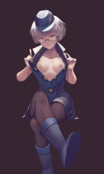 Rule 34 | 1girl, :d, bare shoulders, blue-framed eyewear, blue footwear, blue hat, blue vest, boots, breasts, brown background, brown pantyhose, collar, collarbone, crossed legs, dress, elizabeth (persona), glasses, hat, highres, index finger raised, looking at viewer, nipples, no bra, open clothes, open dress, open mouth, open vest, pantyhose, parted lips, persona, persona 3, rubber boots, seductive smile, semi-rimless eyewear, shoe soles, short hair, simple background, sitting, sleeveless, small breasts, smile, solo, teeth, under-rim eyewear, undressing, vest, white hair, xiao chichi