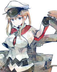 Rule 34 | 1girl, black gloves, blonde hair, blue eyes, breasts, capelet, celtic knot, gloves, graf zeppelin (kancolle), hair between eyes, hat, impossible clothes, itomugi-kun, kantai collection, large breasts, looking at viewer, machinery, pale skin, peaked cap, serious, simple background, skirt, solo, twintails, white background