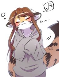 Rule 34 | 1girl, 2022, absurdres, blush, brown hair, closed eyes, english text, furry, furry female, gray sweater, highres, long hair, musical note, nachiwanko, smile, standing, sweater, tiger, white background