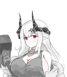 Rule 34 | 1girl, arknights, breasts, grey hair, hammer, large breasts, mudrock (arknights), pointy ears, red eyes, skyrain315, solo, tank top, upper body, white background