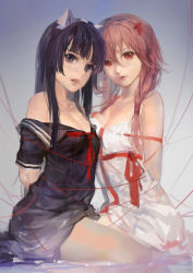 Rule 34 | 10s, 2girls, arms behind back, asymmetrical docking, bad id, bad pixiv id, bare shoulders, black eyes, black hair, breast press, breasts, cleavage, guilty crown, hjl, long hair, looking at viewer, matching hair/eyes, multiple girls, off shoulder, parted lips, red eyes, red hair, sailor collar, sitting, sketch, small breasts, string, string of fate, tsugumi (guilty crown), very long hair, yuri, yuzuriha inori