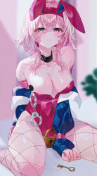 Rule 34 | 1girl, absurdres, alternate costume, animal ears, bare shoulders, blue jacket, blurry, blurry background, breasts, commentary, covered navel, cuffs, fake animal ears, fishnet pantyhose, fishnets, hair between eyes, handcuffs, highres, honkai: star rail, honkai (series), indol, jacket, key, leotard, lock, looking at viewer, march 7th (honkai: star rail), medium breasts, medium hair, off shoulder, open clothes, open jacket, open mouth, pantyhose, pink eyes, pink hair, pink ribbon, playboy bunny, rabbit ears, red leotard, ribbon, sitting, solo, strapless, strapless leotard, upper body, wariza