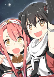 Rule 34 | + +, 10s, 2girls, :d, absurdres, arm up, artist name, black hair, black scarf, blush, brown eyes, cape, elbow gloves, gloves, hair between eyes, hair ornament, hairband, hand on another&#039;s shoulder, highres, kantai collection, kawakaze (kancolle), long hair, multicolored clothes, multicolored scarf, multiple girls, night, night sky, open mouth, red hair, remodel (kantai collection), ryuki (ryukisukune), scarf, school uniform, sendai (kancolle), serafuku, signature, sky, sleeveless, smile, sparkle, sparkling eyes, star (sky), star (symbol), starry sky, symbol-shaped pupils, teeth, two side up, white scarf, yellow eyes