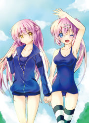 Rule 34 | 2girls, ;d, bad id, bad pixiv id, blue eyes, futaki kanata, holding hands, jacket, little busters!, long hair, multiple girls, one-piece swimsuit, one eye closed, open mouth, purple hair, saigusa haruka, school swimsuit, siblings, side ponytail, smile, striped clothes, striped legwear, striped thighhighs, swimsuit, swimsuit under clothes, thighhighs, track jacket, twins, waving, wink, yellow eyes, yuihira asu