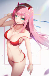 Rule 34 | 10s, 1girl, ass, bikini, breasts, butt crack, covered erect nipples, cowboy shot, darling in the franxx, green eyes, hairband, horns, l.bou, looking at viewer, medium breasts, navel, pink hair, red bikini, solo, standing, straight hair, strap slip, swimsuit, white background, white hairband, zero two (darling in the franxx)