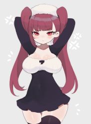 Rule 34 | 1girl, aliceyawnin, anger vein, angry, arms behind head, black dress, bow, bowtie, breasts, cleavage, collarbone, curvy, detached sleeves, dress, grey background, hair behind ear, hat, highres, hime cut, medium breasts, original, red eyes, red hair, sidelocks, thighhighs, tsurime, twintails, wide hips, zettai ryouiki