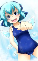 Rule 34 | 1girl, blue eyes, blue hair, blush, cirno, fumi (fumifumi-graffiti), hair ribbon, highres, matching hair/eyes, one-piece swimsuit, open mouth, pointing, ribbon, school swimsuit, shiny clothes, skindentation, solo, swimsuit, touhou, wings