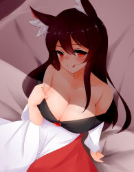 Rule 34 | 1girl, animal ear fluff, animal ears, ayatori (aytr), bed, blush, breasts, brooch, brown hair, cleavage, collarbone, commentary, commentary request, dress, highres, imaizumi kagerou, jewelry, large breasts, long hair, long sleeves, looking at viewer, looking up, off-shoulder dress, off shoulder, red eyes, shaded face, shadow, solo, tongue, tongue out, touhou, white dress, wide sleeves, wolf ears