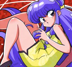 Rule 34 | 1girl, abstract background, black footwear, bow, breasts, china dress, chinese clothes, double bun, dress, floral print dress, hair bow, hair bun, hair ornament, highres, legs up, long hair, looking at viewer, medium breasts, open mouth, purple eyes, purple hair, ranma 1/2, red background, shampoo (ranma 1/2), sidelocks, signature, wanta (futoshi), yellow bow, yellow dress