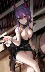 Rule 34 | 1girl, absurdres, alcohol, arknights, bare arms, bare shoulders, black dress, blue hair, blush, bow, bracelet, breasts, ch&#039;en (arknights), chair, cleavage, cocktail glass, collarbone, commentary, cup, dragon horns, dress, drinking glass, english commentary, hair between eyes, highres, holding, holding cup, horns, ice, ice cube, jewelry, large breasts, legs, crossed legs, long hair, nail polish, parted lips, red eyes, ru zhai, short dress, sidelocks, sitting, solo, thighs, very long hair, waist bow