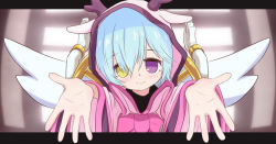 Rule 34 | 1girl, antlers, arpiel, blue hair, blush, commentary request, dress, elijah (arpiel), framed, heterochromia, hood, horns, light blue hair, nanon (arpiel bbs), outside border, outstretched arms, outstretched hand, pajamas, pink dress, pink pajamas, purple eyes, reaching, reaching towards viewer, smile, solo, wheelchair, window, wings, yellow eyes