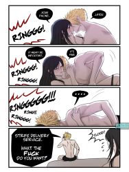 Rule 34 | 1boy, 1girl, absurdres, azezazel, black hair, blonde hair, blush, breasts, closed eyes, cloud strife, collarbone, couple, english text, final fantasy, final fantasy vii, final fantasy vii advent children, hand on another&#039;s face, hetero, highres, kiss, large breasts, long hair, speech bubble, spiked hair, square enix, text focus, tifa lockhart, topless male, white background