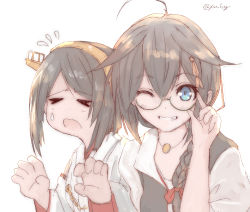 Rule 34 | &gt; &lt;, 2girls, ahoge, bespectacled, black hair, blue eyes, braid, chicken99, closed eyes, commentary request, detached sleeves, glasses, grin, hair flaps, hair ornament, hair over shoulder, hairband, highres, kantai collection, kirishima (kancolle), kirishima kai ni (kancolle), looking at viewer, looking for glasses, multiple girls, official alternate costume, one eye closed, ribbon-trimmed sleeves, ribbon trim, shigure (kancolle), shigure kai ni (kancolle), short hair, simple background, single braid, smile, white background