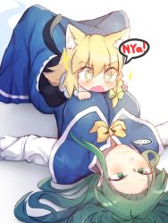 Rule 34 | + +, ..., 2girls, absurdres, animal ears, black dress, black tail, blonde hair, blue capelet, blue dress, bow, bowtie, braid, breasts, capelet, cat ears, cat tail, closed mouth, commentary request, dress, fang, frilled sleeves, frills, ghost tail, green eyes, green hair, highres, juliet sleeves, kirisame marisa, kuma xylocopa, long hair, long sleeves, lying, medium breasts, mima (touhou), mini person, minigirl, multiple girls, no headwear, on back, open mouth, puffy sleeves, shirt, side braid, skin fang, speech bubble, sweatdrop, tail, touhou, touhou (pc-98), v-shaped eyebrows, very long hair, white shirt, yellow bow, yellow bowtie, yellow eyes
