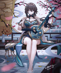 Rule 34 | 1girl, bare legs, bare shoulders, barefoot, black hair, blue dress, blue eyes, blue gloves, breasts, cleavage, clothing cutout, commentary, dated, dress, feet, gloves, highres, holding, holding instrument, honkai: star rail, honkai (series), instrument, legs, long hair, looking at viewer, medium breasts, ruan mei (honkai: star rail), short sleeves, shoulder cutout, silberein, sitting, smile, soaking feet, solo, thigh strap, toes, very long hair, water