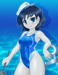 Rule 34 | 1girl, anchor, black hair, blue eyes, blue one-piece swimsuit, competition swimsuit, hat, highleg, highleg swimsuit, looking at viewer, murasa minamitsu, one-piece swimsuit, sailor hat, short hair, smile, solo, swimsuit, touhou, underwater, winn