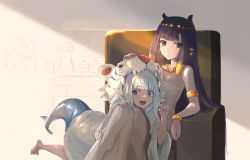 Rule 34 | 2girls, :d, animal ears, animal hood, armlet, black eyes, blue eyes, blue hair, blue nails, blush, bracelet, circlet, claw pose, closed mouth, dress, earrings, fins, fish tail, gawr gura, hand on another&#039;s head, hand on another&#039;s knee, highres, hololive, hololive english, hood, jewelry, long hair, long sleeves, looking at viewer, mole, mole under eye, multicolored hair, multiple girls, nail polish, ninomae ina&#039;nis, open mouth, pointy ears, purple hair, shark tail, sharp teeth, silver hair, sitting, smile, strapless, strapless dress, streaked hair, tail, tallgeese (lgeesel), teeth, tiger hood, virtual youtuber, white dress