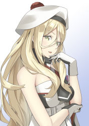 Rule 34 | 1girl, bare shoulders, belt, beret, blonde hair, blue eyes, blush, breasts, buckle, commentary, dress, gloves, gradient background, hair between eyes, hand on own arm, hand up, hat, highres, kantai collection, large breasts, long hair, looking at viewer, mole, mole under eye, mole under mouth, multicolored clothes, multicolored dress, multicolored gloves, multicolored scarf, negahami, open mouth, pom pom (clothes), richelieu (kancolle), scarf, sidelocks, simple background, smile, solo, strapless, strapless dress, upper body, very long hair, yellow eyes
