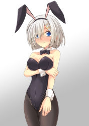 Rule 34 | 10s, 1girl, alternate costume, animal ears, bare shoulders, black bow, black bowtie, blue eyes, blush, bow, bowtie, breasts, covered navel, cross (crossryou), detached collar, fake animal ears, hair ornament, hair over one eye, hairclip, hamakaze (kancolle), highres, kantai collection, large breasts, leotard, looking at viewer, pantyhose, playboy bunny, rabbit ears, short hair, silver hair, solo, wrist cuffs