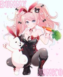 Rule 34 | 1girl, animal ears, bare shoulders, bear hair ornament, black bow, black footwear, black leotard, black necktie, blue eyes, blush, boots, bow, breasts, buttons, carrot, character name, cleavage, commentary request, danganronpa: trigger happy havoc, danganronpa (series), detached collar, enoshima junko, fake animal ears, foreshortening, full body, green eyes, hair bow, hair ornament, high heel boots, high heels, holding, holding carrot, koikeya (keroro7), large breasts, leotard, long hair, looking at viewer, monokuma, nail polish, necktie, pantyhose, pink hair, playboy bunny, rabbit ears, red bow, red leotard, red nails, red necktie, short necktie, smile, solo, squatting, tongue, tongue out, twintails, white bow, white necktie, wrist cuffs