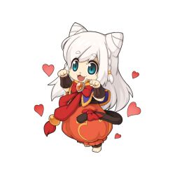 1girl :3 bow bowtie bracer braid capelet cat_girl cat_tail chibi chibi_only cone_hair_bun double_bun dress fang full_body furry furry_female hair_bun heart long_hair looking_at_viewer official_art open_mouth orange_brooch orange_dress paw_pose purple_capelet ragnarok_online red_bow red_bowtie simple_background smile solo summoner_(ragnarok_online) tail tail_bow tail_ornament transparent_background white_hair yuichirou