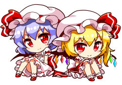Rule 34 | 2girls, bat wings, blonde hair, blue hair, blush, blush stickers, bow, chibi, dress, flandre scarlet, frilled skirt, frills, full body, hair between eyes, hands on own knees, hat, hat ribbon, looking at viewer, mary janes, mob cap, multiple girls, puffy short sleeves, puffy sleeves, red bow, red eyes, red footwear, red ribbon, red skirt, remilia scarlet, renren (ah renren), ribbon, ribbon trim, shinobu shinobu, shoes, short hair, short sleeves, side ponytail, simple background, sitting, skirt, smile, socks, touhou, white background, white dress, white hat, white legwear, wings