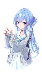Rule 34 | 1girl, blue choker, blue eyes, blue hair, blue neckerchief, blush, cardigan, choker, closed mouth, commentary request, dress, earrings, grey cardigan, hair bun, hands up, highres, hololive, hoshimachi suisei, hoshimachi suisei (school uniform), jewelry, long hair, long sleeves, looking at viewer, neckerchief, open cardigan, open clothes, own hands together, sailor collar, simple background, single hair bun, smile, solo, star (symbol), star in eye, symbol in eye, virtual youtuber, white background, white dress, white sailor collar, yuyaiyaui