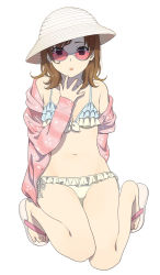Rule 34 | 1girl, arm behind back, bikini, bikini under clothes, breasts, brown eyes, brown hair, cleavage, frilled bikini, frills, front-tie bikini top, front-tie top, full body, hand to own mouth, hat, hood, hooded jacket, jacket, looking at viewer, mattaku mousuke, navel, original, sandals, side-tie bikini bottom, simple background, solo, striped clothes, striped jacket, sunglasses, surprised, swimsuit, white background, white hat