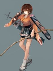 Rule 34 | 10s, 1girl, bow (weapon), brown hair, flight deck, full body, geta, gloves, green skirt, grey background, hakama, hakama short skirt, hakama skirt, headband, hiryuu (kancolle), japanese clothes, kantai collection, looking at viewer, miniskirt, natsuyuki, partially fingerless gloves, partly fingerless gloves, pleated skirt, quiver, short hair, simple background, single glove, skirt, solo, weapon, yugake