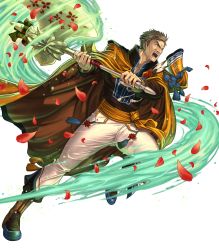 Rule 34 | 1boy, axe, boots, bow, brown eyes, brown hair, cape, feathers, fire emblem, fire emblem: path of radiance, fire emblem: radiant dawn, fire emblem heroes, flower, full body, greil, highres, holding, holding axe, holding weapon, izuka daisuke, male focus, nintendo, official alternate costume, official art, open mouth, petals, scar, solo, teeth, transparent background, weapon