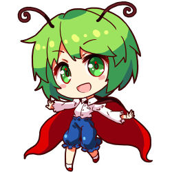 Rule 34 | 1girl, :d, antennae, blush, blush stickers, cape, chibi, eyebrows, frilled shorts, frills, full body, green eyes, green hair, juliet sleeves, long sleeves, looking at viewer, lowres, matching hair/eyes, md5 mismatch, open mouth, outstretched arms, puffy shorts, puffy sleeves, red cape, red footwear, renren (ah renren), shinobu shinobu, shirt, shoes, short hair, shorts, simple background, smile, solo, spread arms, touhou, white background, white legwear, white shirt, wriggle nightbug