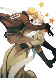 Rule 34 | 2boys, absurdres, ahoge, america (hetalia), arms around neck, axis powers hetalia, belt, black footwear, black fur, black gloves, blonde hair, blush, boots, brown coat, brown jacket, brown pants, brown shirt, chinese commentary, closed eyes, coat, commentary request, couple, fermium.ice, fur-trimmed jacket, fur trim, glasses, glomp, gloves, grey hair, grin, hands up, happy, highres, hug, jacket, male focus, medal, military uniform, multiple boys, nose blush, open mouth, pants, russia (hetalia), scarf, shirt, simple background, smile, star (symbol), uniform, white background, white scarf, yaoi
