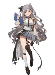 Rule 34 | 1girl, absurdres, black thighhighs, breasts, dibun7, double bun, earrings, elbow cutout, full body, grey hair, hair bun, highres, hololive, hololive indonesia, jewelry, loafers, long hair, looking at viewer, medium breasts, pleated skirt, purple eyes, shoes, simple background, single thighhigh, skirt, smile, solo, thighhighs, vestia zeta, virtual youtuber, white background
