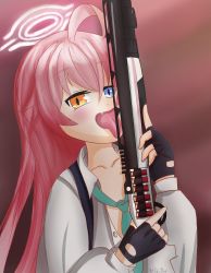 Rule 34 | absurdres, angel, blue archive, fang, fingerless gloves, flatculture, gloves, gun, halo, heterochromia, highres, hoshino (blue archive), pink hair, shotgun, tongue, tongue out, weapon