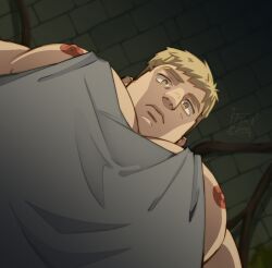 Rule 34 | 1boy, artist name, bara, blonde hair, brown eyes, closed mouth, dungeon meshi, grey tank top, impetuss, laios touden, large pectorals, looking at viewer, male focus, meme, muscular, muscular male, nipple slip, nipples, pectorals, photo-referenced, short hair, solo, tank top, yur oc like this (meme)