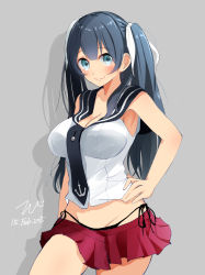 Rule 34 | 10s, 1girl, agano (kancolle), alternate hairstyle, bad id, bad pixiv id, black hair, blue eyes, breasts, cleavage, collarbone, dated, february, grey background, hand on own hip, highres, kantai collection, large breasts, miniskirt, necktie, pleated skirt, red necktie, school uniform, serafuku, shirt, simple background, skirt, sleeveless, sleeveless shirt, smile, standing, tebi (tbd11), twintails, white shirt