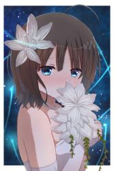 Rule 34 | 1girl, ahoge, alternate costume, amatsutsumi, bare shoulders, blue eyes, blunt bangs, blush, border, bouquet, brown hair, commentary request, covered mouth, crying, crying with eyes open, dress, elbow gloves, eyes visible through hair, fireflies, flower, gloves, hair flower, hair ornament, happy, happy tears, highres, jewelry, lily (flower), looking at viewer, mahigu re, medium hair, minazuki hotaru (amatsutsumi), necklace, nose blush, pearl necklace, simple background, solo, streaming tears, tears, upper body, wedding, wedding dress, white border, white footwear, white gloves