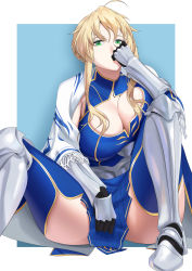 Rule 34 | 1girl, absurdres, armor, artoria pendragon (fate), artoria pendragon (lancer) (fate), artoria pendragon (lancer) (tour outfit) (fate), black gloves, blonde hair, blue dress, blue thighhighs, braid, breasts, capelet, cleavage, cleavage cutout, clothing cutout, dress, elbow gloves, fate/grand order, fate (series), french braid, gauntlets, gloves, greaves, green eyes, hair between eyes, highres, knees up, large breasts, long hair, looking at viewer, n.e (sakura-233), pleated skirt, short dress, sidelocks, sitting, skirt, thighhighs, thighs, white capelet