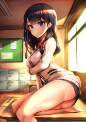 Rule 34 | 10s, 1girl, absurdres, arm support, ass, bad id, bad pixiv id, bare legs, barefoot, black hair, black skirt, blue eyes, blush, bow, bowtie, breasts, cardigan, chalkboard, check commentary, commentary request, day, desk, emblem, getabako, gridman universe, gui ss, highres, indoors, leaning to the side, long hair, long sleeves, looking at viewer, medium breasts, miniskirt, on table, panties, pantyshot, parted lips, pleated skirt, reclining, red bow, red bowtie, school desk, school uniform, shiny skin, skirt, solo, sparkle, ssss.gridman, sunlight, table, takarada rikka, thighs, underwear, white cardigan, white panties, window